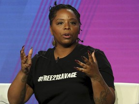 Patrisse Cullors, Black Lives Matter co-founder, participates in the "Finding Justice" panel during the BET presentation at the Television Critics Association Winter Press Tour at The Langham Huntington in Pasadena, Calif. Feb. 11, 2019,