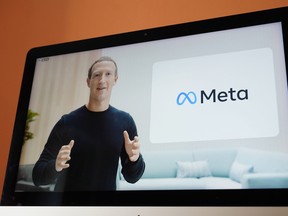 Seen on the screen of a device in Sausalito, Calif., Facebook CEO Mark Zuckerberg announces their new name, Meta, during a virtual event on Thursday, Oct. 28, 2021.