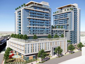 This artist's rendering shows the Burnaby building being developed by the B.C. General Employees Union. The multi-use building will include 292 rental units, at least half of which will be offered at below-market rents. Proponents of the project hope it will set an example for the kind of affordable housing that is possible when the developer is a non-profit group.