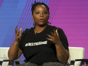 In this Feb. 11, 2019, file photo, Patrisse Cullors, Black Lives Matter co-founder, participates in the "Finding Justice" panel at The Langham Huntington in Pasadena, Calif.