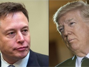 (FILES) In this file combination of pictures created on May 31, 2017 shows a file photo taken on January 23, 2017 showing SpaceX CEO Elon Musk (L) in Washington, DC. and US President Donald Trump at the US Capitol April 25, 2017 in Washington, DC. - Former US president Donald Trump has reportedly vowed he would not be returning to Twitter if his account was reinstated following the purchase of the platform by tech billionaire Elon Musk, announced on Monday.