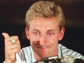 A teary-eyed Wayne Gretzky talks to reporters in Edmonton on the day his stunning trade to the Los Angeles Kings was announced on Aug. 9, 1988.