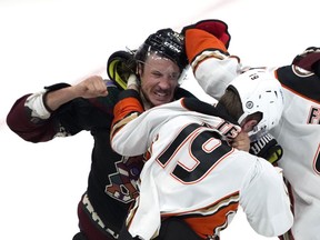 Arizona Coyotes centre Jay Beagle (left) has come under fire for beating up Anaheim Duck Troy Terry last Friday in Glendale, Ariz.