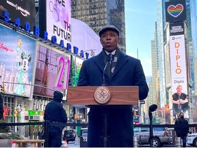 New York City Mayor Eric Adams makes an announcement at a news conference in Times Square in Manhattan in New York City, New York, U.S., March 4, 2022.