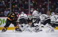 Vancouver Canucks goaltender Spencer Martin (30) stops Los Angeles Kings defenceman Mikey Anderson (44) during second period NHL action in Vancouver on Thursday, April 28, 2022.