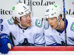 Apr 23, 2022; Calgary, Alberta, CAN; Vancouver Canucks right wing Brock Boeser (6) and center Elias Pettersson (40) on the bench during the first period against the Calgary Flames at Scotiabank Saddledome.
