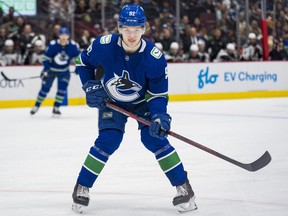 Vancouver Canucks forward Vasily Podkolzin (92) waits for a pass against the Arizona Coyotes in the third period at Rogers Arena.