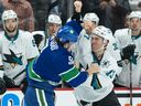 Canucks rookie Will Lockwood (left) got the better of San Jose’s Noah Gregor last Saturday, at least according to a hockeyfights.com scorecard.