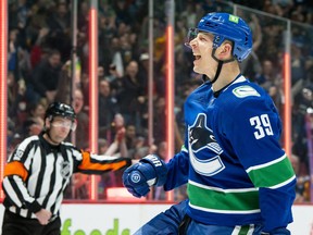 Canucks winger Alex Chiasson, shown celebrating a goal last season, says he really enjoyed his summer in Vancouver while taking care of teammate Oliver Ekman-Larsson's Kitsilano home.