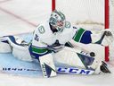 Canucks goalie Thatcher Demko, at his flexible best stopping a Vegas Golden Knights' scoring chance in Sin City on Wednesday, has given Vancouver great goaltending - Canucks netminders have a 93.7 save percentage since March 10, fourth best in the NHL.