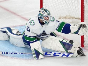 Canucks goalie Thatcher Demko, at his flexible best stopping a Vegas Golden Knights’ scoring chance in Sin City on Wednesday, has given Vancouver great goaltending — Canucks netminders have a 93.7 save percentage since March 10, fourth best in the NHL.
