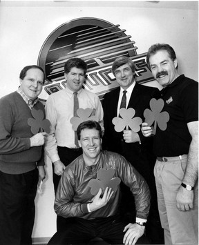 When Irish eyes were smiling, St. Patrick’s Day 1989: Canucks staff (clockwise from bottom) Mike Murphy, Bob McCammon, Brian Burke, president and GM Pat Quinn and Jack McIlhargey.