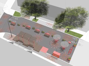 Pop-up engagement mockups for Cambie and 18th Avenue in Vancouver. The City of Vancouver wants to continue the community initiative that saw 20 successful pop-up plazas in neighbourhoods around the city.
