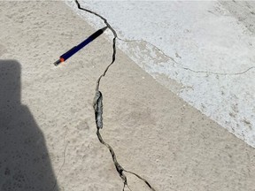 Undated handout photo of a crack on the pool deck at Kits Pool in Vancouver.