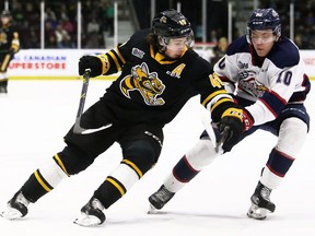 Russian defenceman Pavel Mintyukov, pictured right in action for the OHL’s Saginaw Spirit, is ranked in the zone the Canucks will select at 15th overall in the July draft.