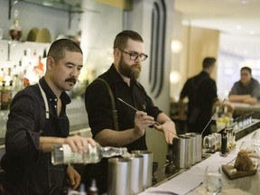 Masahiro Urushido of New York’s Katana Kitten, left, and Jeff Savage of Botanist at collaborative cocktail dinner. Photo: Sara Andreola.