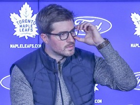 Toronto Maple Leafs general manager Kyle Dubas reacts during his end-of-season news conference on May 17, 2022. Veronica Henri/Toronto Sun/Postmedia Networkduring the end of season press conference on Tuesday May 17, 2022.