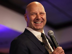 Republican gubernatorial candidate Doug Mastriano gives a victory speech at his election-night party at The Orchards on May 17, 2022 in Chambersburg, Pennsylvania. Mastriano, who was the front runner heading into today's primary, led the field with 44.7 percent of the vote with 86 percent reporting.