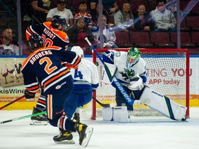 The Abbotsford Canucks and Bakersfield Condors  in action in Game 1 of their best-of-three opening round series in the AHL playoffs on Tuesday night in Bakersfield, California.