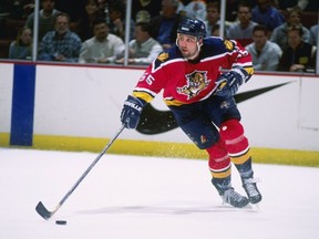 Then-Florida Panthers defenceman Ed Jovanovski moves the puck during a January 1997 National Hockey League game.