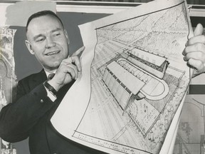 The then reeve of Burnaby, Alan Emmott, shows off an architectural drawing of a 53,000-seat sports complex on Feb. 10, 1965.