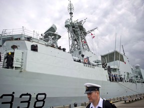 Canada's navy warship HMCS Winnipeg sits dockside in Vancouver, on June 10, 2014.