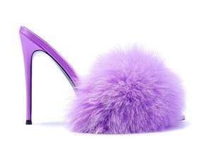 Pom Pom purple mule, $429 at IAMJENNIFERLE, iamjenniferle.com.