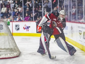Vancouver Giants goalie Jesper Vikman during the first period of Game 5 of the WHL playoff series against the Kamloops Blazers at the Sandman Centre in Kamloops May 13, 2022. Allen Douglas photo