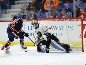 Vancouver Giants goaltender Jesper Vikman makes a save as Kamloops Blazers forward Connor Levis looks for the puck during the first period of Game 6 of their second round WHL series at the Langley Events Centre on Sunday. (Rob Wilton/Submitted)