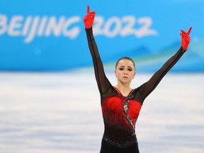 2022 Beijing Olympics - Figure Skating - Women Single Skating - Free Skating - Capital Indoor Stadium, Beijing, China - February 17, 2022. Kamila Valieva of the Russian Olympic Committee in action.