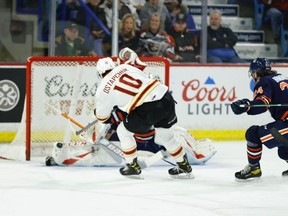 Vancouver Giants Zack Ostapchuk shoots during the first period of Game 4 in the WHL playoff series against the Kamloops Blazers at the Langley Events Centre May 12, 2022. Rob Wilton photo