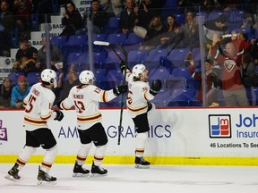 Vancouver Giants winger Justin Lies leads the way to the glass to celebrate with fans after his first-period goal on Tuesday night at the Langley Events Centre helped lift the Giants to a 3-2 win over the Kamloops Blazers in Game 3 of their WHL Western Conference semifinal series.