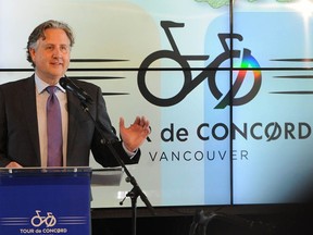 Mayor Kennedy Stewart announces the Tour de Concord pro race and family bike festival planned for Vancouver's north False Creek. The even is on Thursday, June 30.