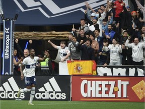 Whitecaps forward Tosaint Ricketts (87) celebrates his 90th minute winner against the Toronto FC during the second half at BC Place.