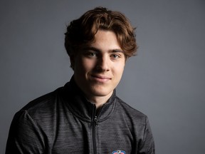 Liam Ohgren poses for a portrait during the 2022 NHL Scouting Combine at the KeyBank Center on June 02, 2022 in Buffalo, New York.