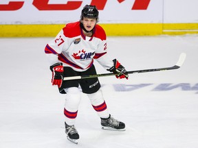 Owen Pickering #27 of Team White skates against Team Red in the 2022 CHL/NHL Top Prospects Game at Kitchener Memorial Auditorium on March 23, 2022 in Kitchener, Ontario.