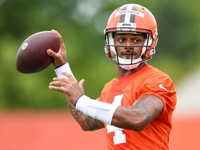 Deshaun Watson of the Cleveland Browns throws a pass during the Cleveland Browns mandatory minicamp at CrossCountry Mortgage Campus on June 14, 2022 in Berea, Ohio.