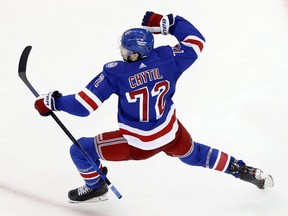 Rangers forward Filip Chytil celebrates after scoring a goal against the Lightning during the second period in Game 1 of the NHL's Eastern Conference Final at Madison Square Garden in New York City, Wednesday, June 1, 2022.