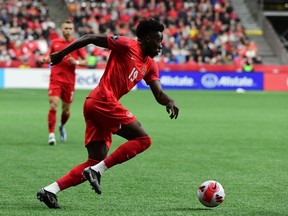 Canada's midfielder Alphonso Davies during their Concacaf Nations League football match between Canada and Curacao at BC Place stadium in Vancouver, British Columbia, Canada on June 9, 2022.