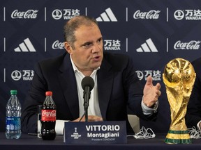 Victor Montagliani, pictured Thursday at a FIFA news conference in New York, says ‘the work really starts now’ on preparing the 16 North American cities, including Vancouver, to host the 2026 FIFA World Cup for men.