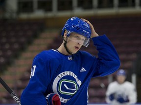 Vancouver Canucks centre Elias Pettersson (40) at a practice session in between games 1 and 2 during the the Young Stars Classic tournament at the South Okanagan Events Centre in Penticton in 2018. Photo: Bob Frid-PNG