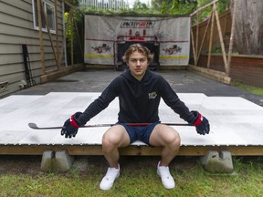 Consensus top 2023 NHL draft prospect Connor Bedard, pictured in the backyard of his family's North Vancouver home in June.