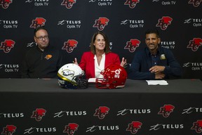 Neil McEvoy, B.C. Lions co-GM and director of football, Theresa Hanson, senior director of athletics and recreation at Simon Fraser University, and Kavie Toor, managing director of athletics & recreation at UBC announce the return of the Shrum Bowl on Thursday.