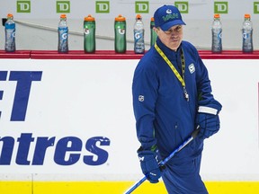 Canucks assistant coach Brad Shaw at team practice at Rogers Arena in Vancouver on Oct. 6, 2021. Shaw, hired in 2021 to work alongside Travis Green, is moving to the Philadelphia Flyers to work with John Tortorella.