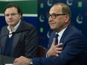 Canucks owner Francesco Aquilini and new interim GM Stan Smyl at in Rogers Arena in Vancouver, BC. Dec. 6, 2021.
