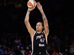 Phoenix, Arizona, USA; Phoenix Mercury center Brittney Griner (42) shoots against the Chicago Sky during the first half of game two of the 2021 WNBA Finals at Footprint Center.