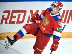 Russia’s forward Andrei Kuzmenko celebrates a goal during the Channel One Cup of the Euro Hockey Tour ice hockey match between Russia and Sweden at CSKA Arena in Moscow on Dec. 17, 2020.