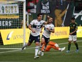 PORTLAND, OR - JULY 17: Vancouver Whitecaps FC forward Brian White (24) reacts after scoring a first half goal during a match between the Portland Timbers and Vancouver Whitecaps on July 17, 2022 at Providence Park in Portland, Oregon.