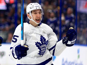 Ilya Mikheyev of the Toronto Maple Leafs celebrates an empty net goal in the third period during Game Three of the First Round of the 2022 Stanley Cup Playoffs against the Tampa Bay Lightning at Amalie Arena on May 6, 2022 in Tampa, Florida.