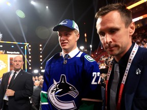 Elias Pettersson is selected by the Vancouver Canucks during Round Three of the 2022 Upper Deck NHL Draft at Bell Centre on July 08, 2022 in Montreal, Quebec.